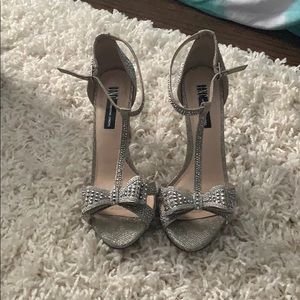 Silver bow T- Strap heels